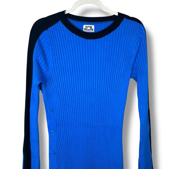 Future Collective x Kahlana Barfield Blue Black Ribbed Sweater Midi Dress Medium - Picture 4 of 9